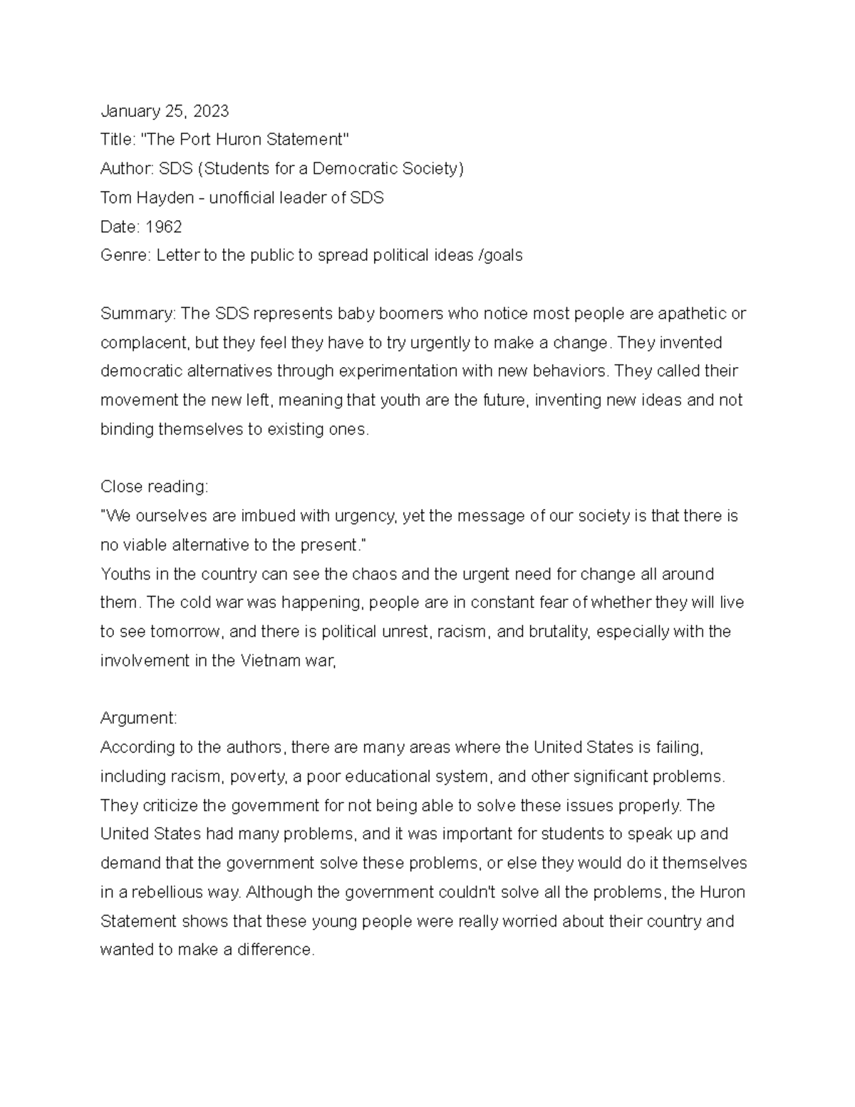 The Port Huron Statement WTL January 25, 2023 Title "The Port Huron Statement" Author Studocu