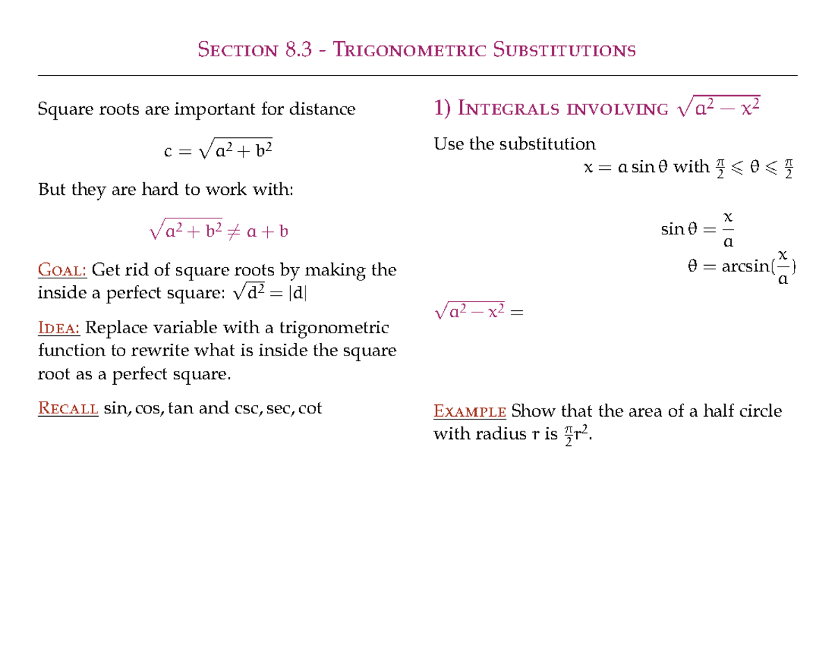 Math166 Section 0803 - Section 8 - Trigonometric Substitutions Square ...