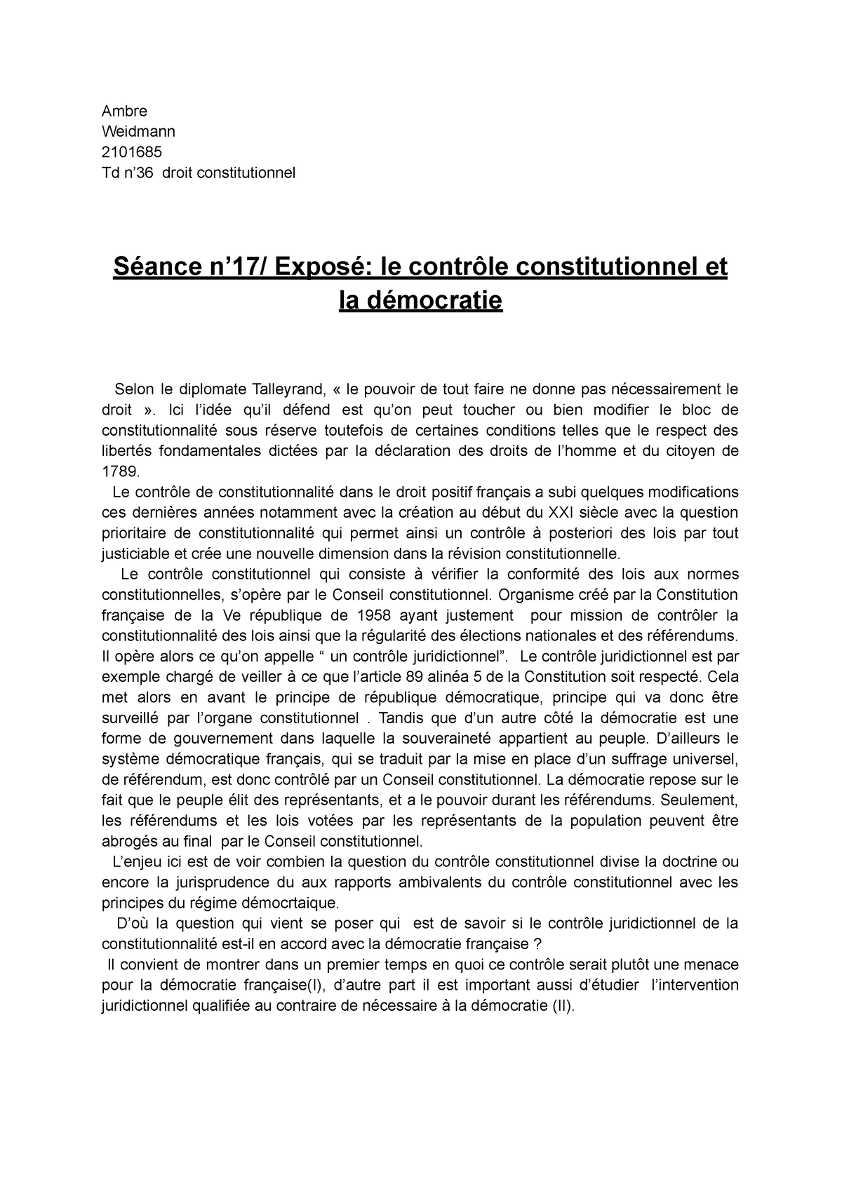 Exposé De Droit Constitutionnel Sur Le Contrôle De Constitutionnalité ...