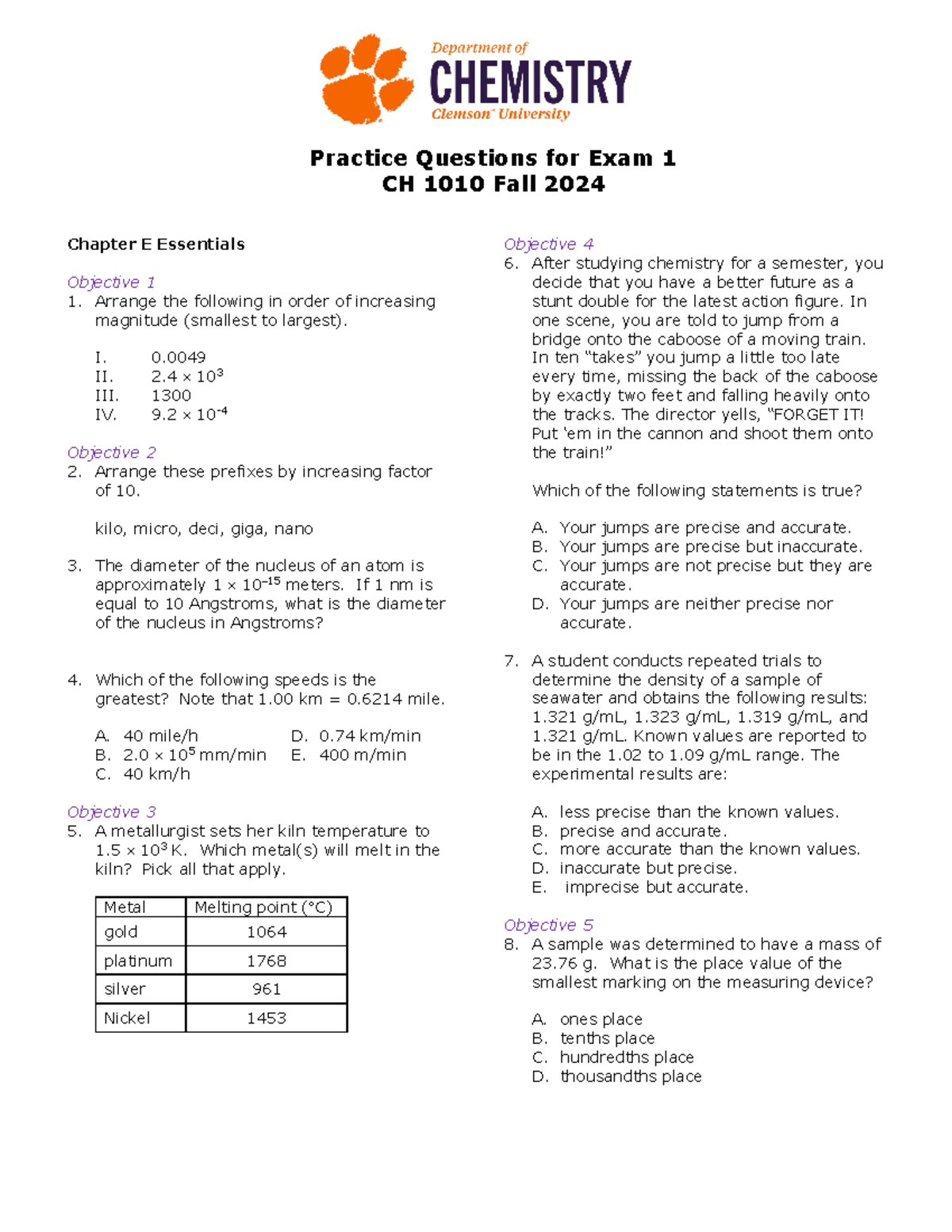 Exam 1 Practice Questions - Practice Questions for Exam 1 CH 1010 Fall ...