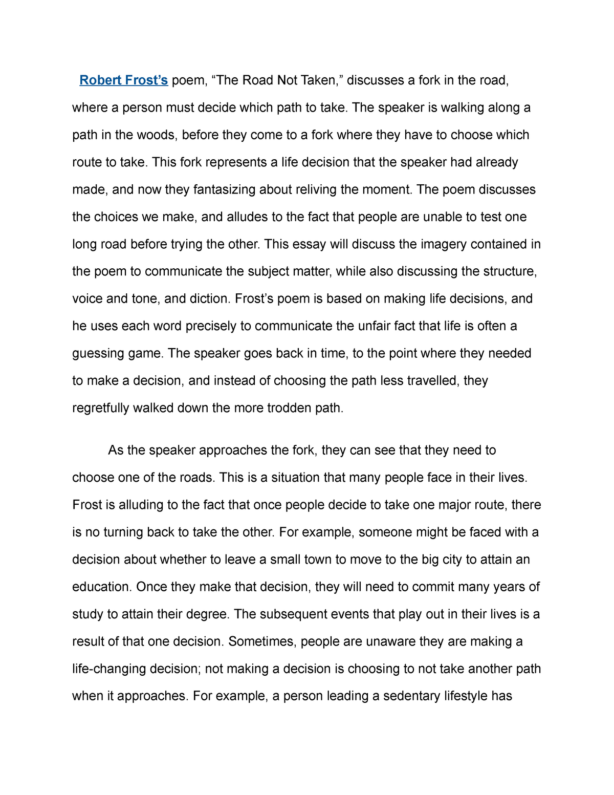 the road not taken reflection essay