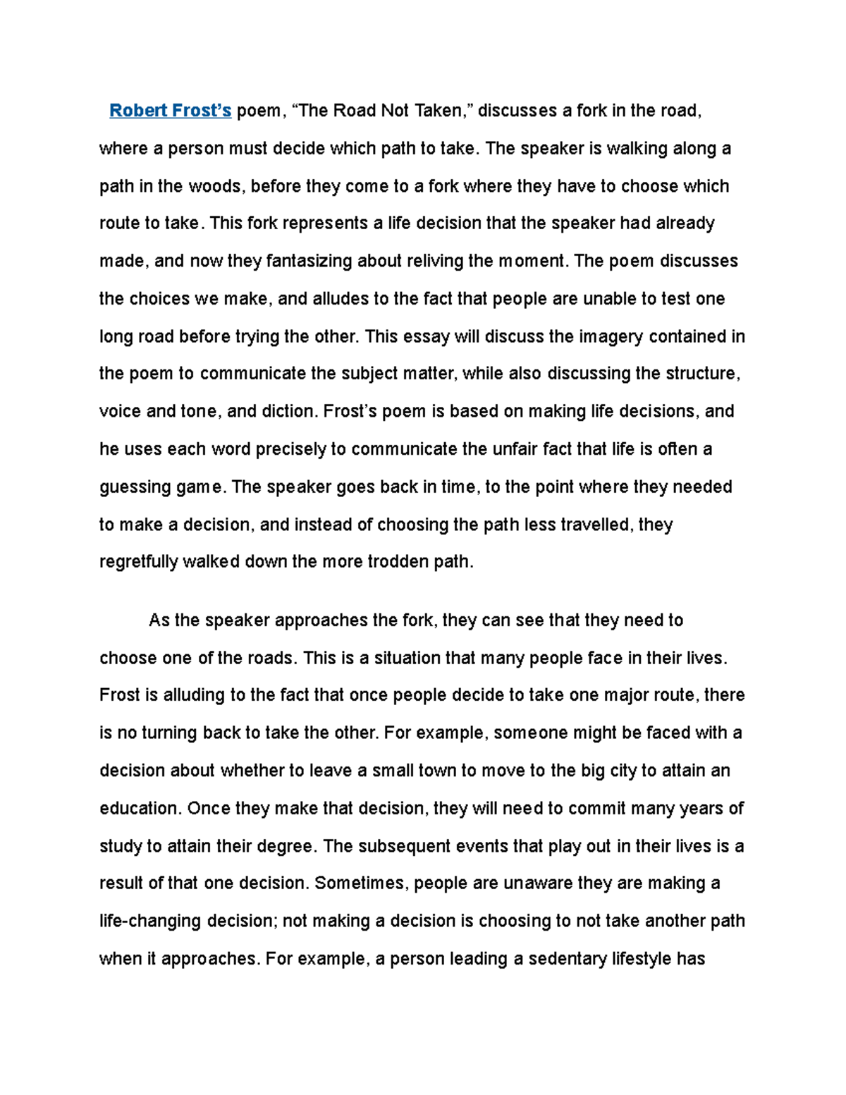 the road not taken reflection essay