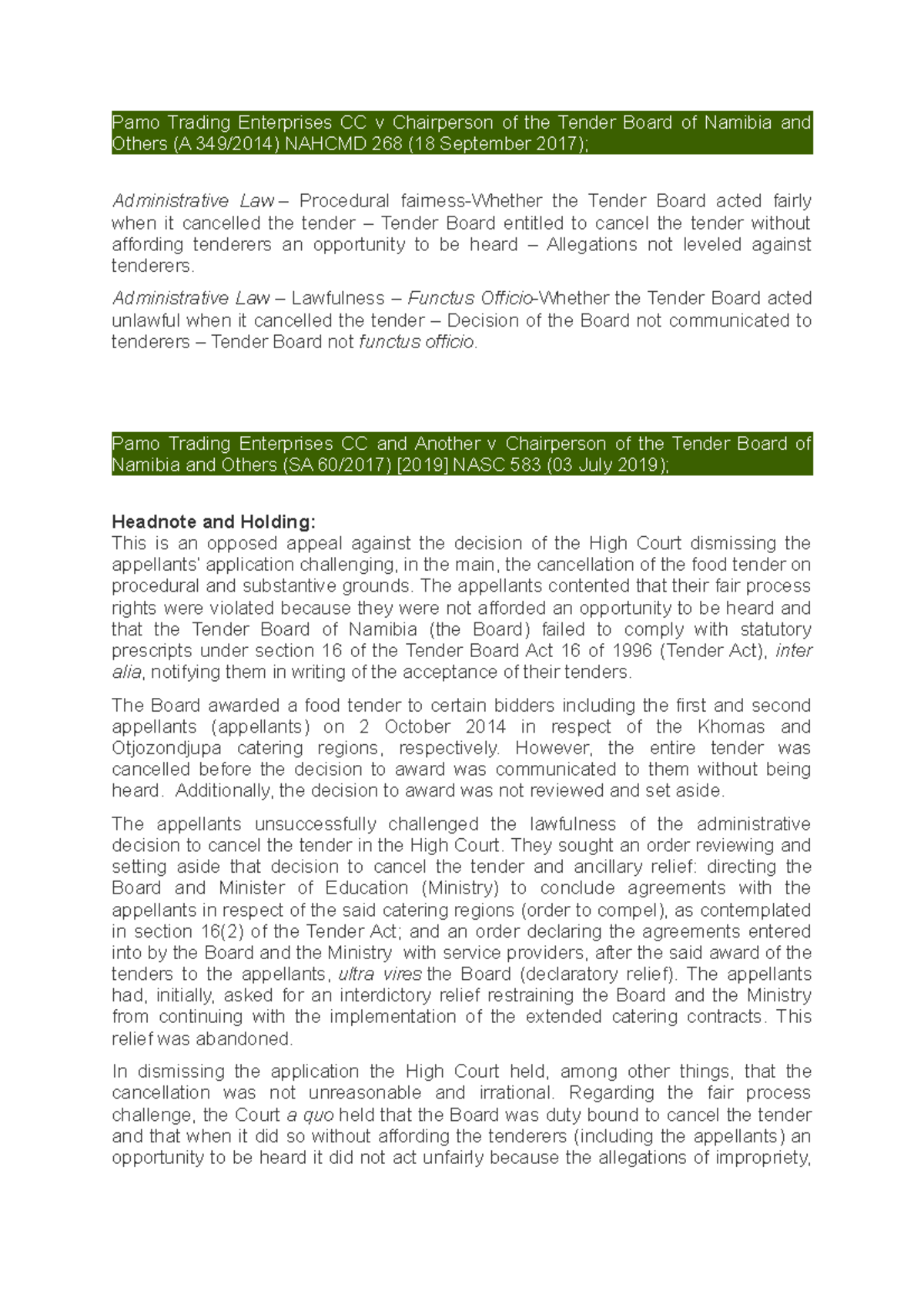 Admin Law Cases from Namibian courts Pamo Trading Enterprises CC v Chairperson of the Tender