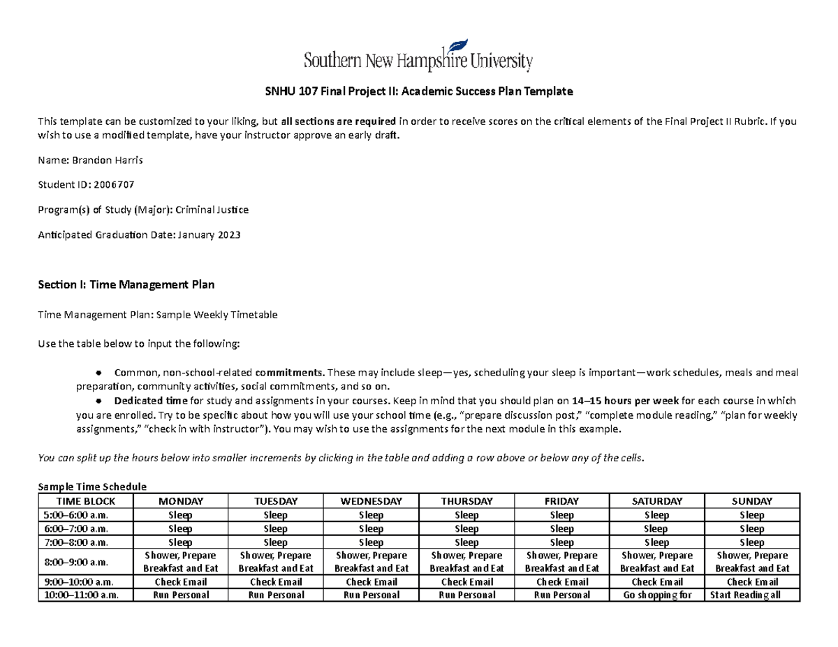 SNHU 107 Final Project II Academic Success Plan Template If you wish