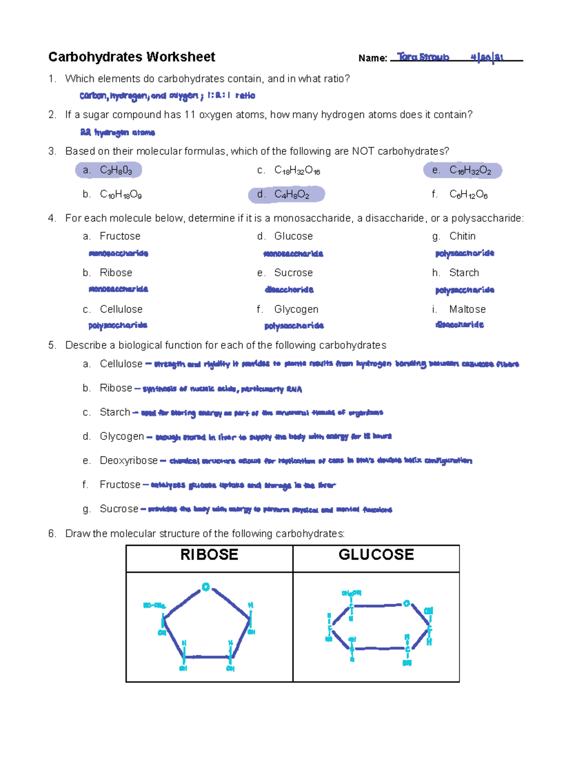 Carbohydrates Worksheet C 3 H 803 B C 10 H 18 O 9 C C 18 H 32 O 16 