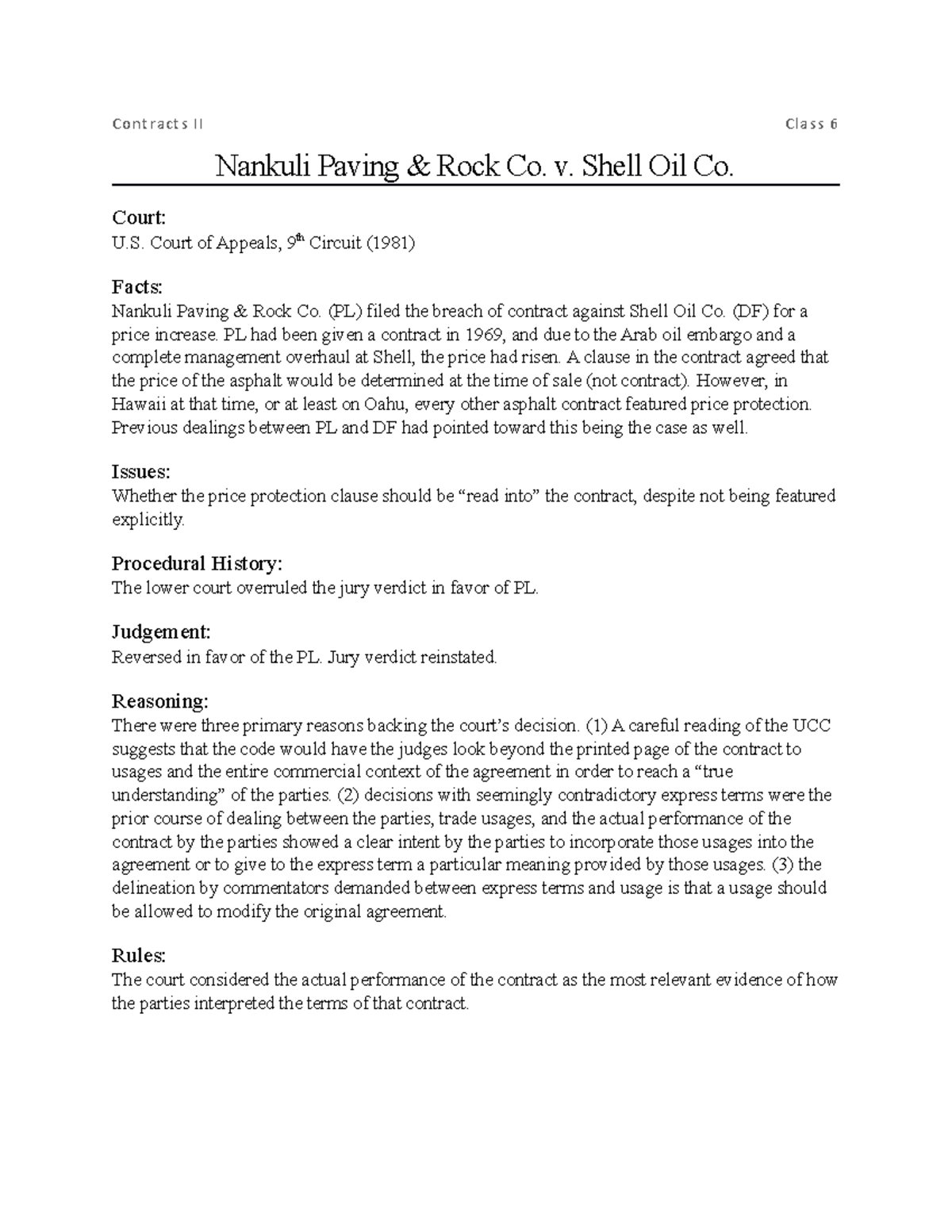 Nankuli Paving & Rock Co. v. Shell Oil Co Contracts II Class 6 Nankuli Paving & Rock Co. v