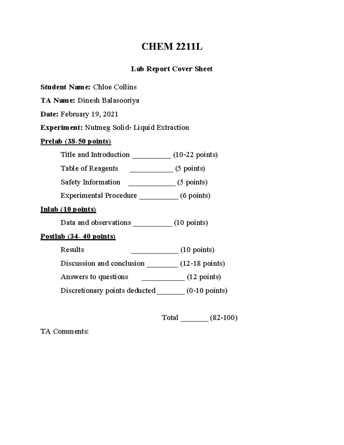 SolidLiquid Extraction CHEM 2211L Lab Report Cover Sheet Student