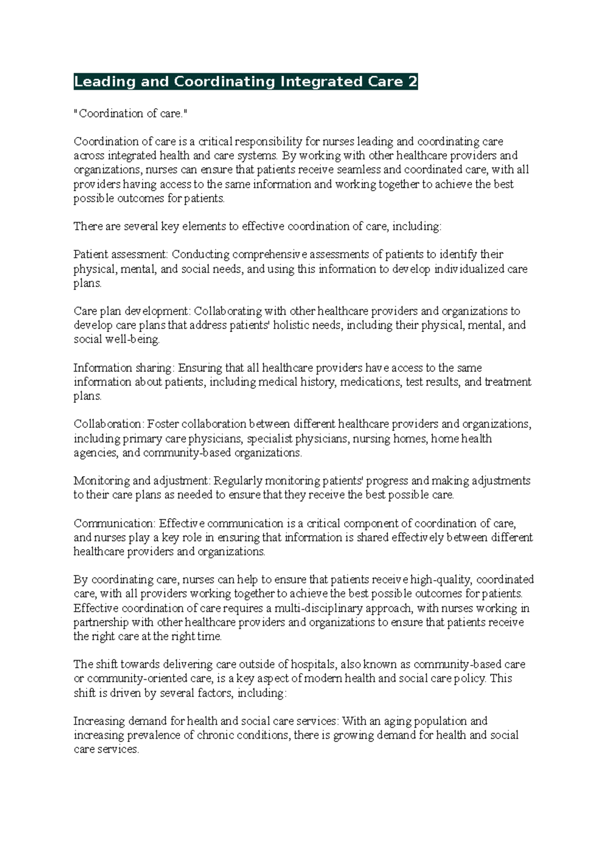 Leading and Coordinating Integrated Care 2 - " Coordination of care is ...