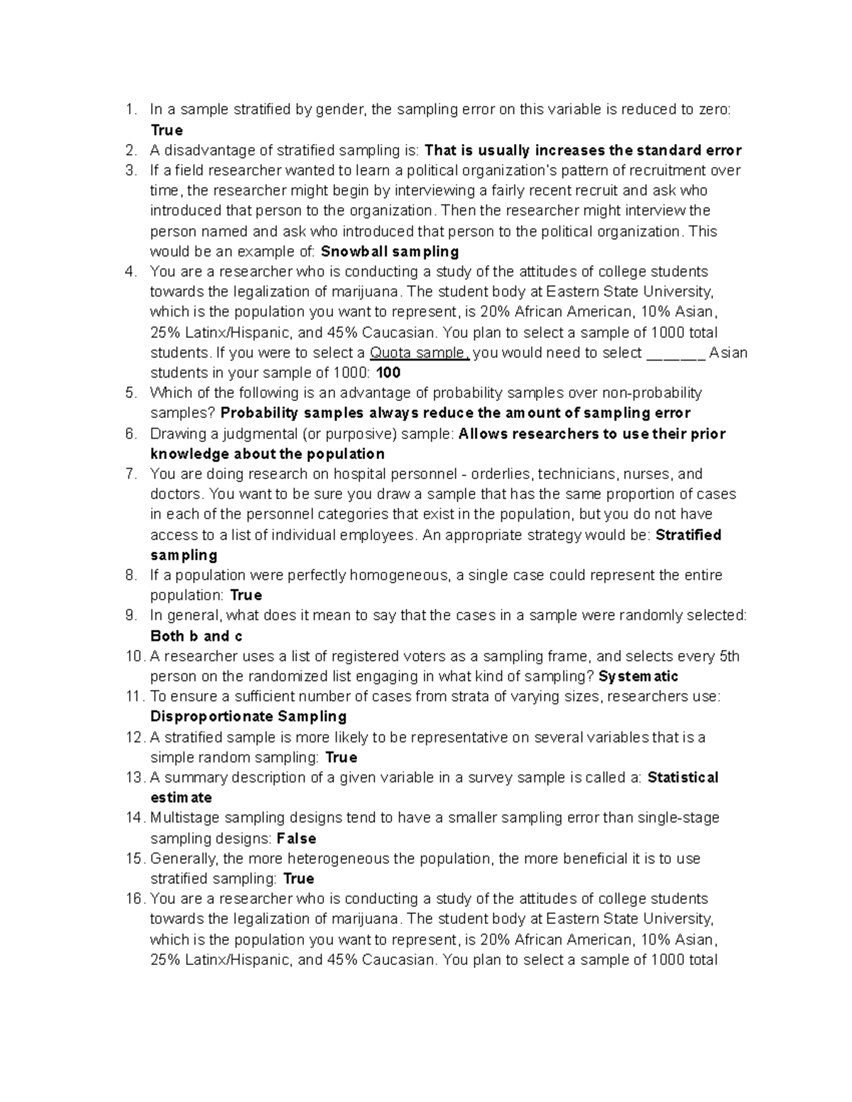 Quiz 5 - quiz 5 for class - In a sample stratified by gender, the ...