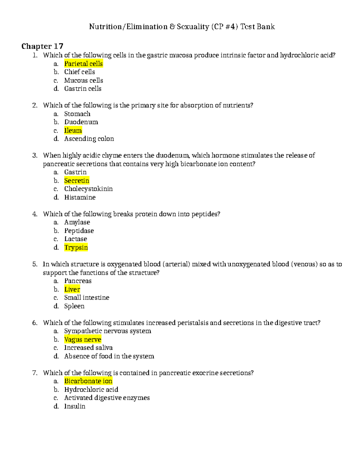 Docx - Notes and test bank - Nutrition/Elimination & Sexuality (CP #4 ...