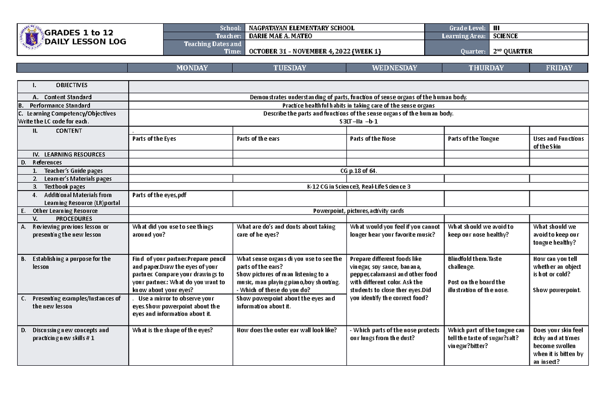 DLL Science 3 Q2 W1 - Daily Lesson Log - GRADES 1 to 12 DAILY LESSON ...