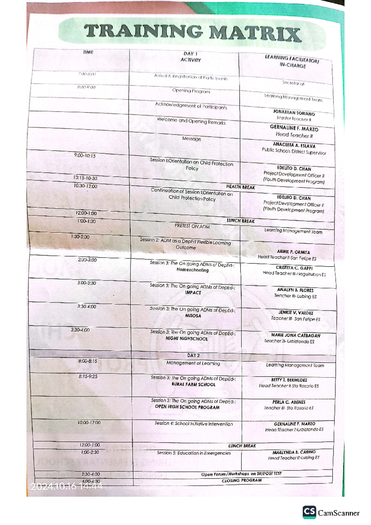 ADM-Program - ADM Program Notes - TRAINING MATRIX TIME DAY ACTIVITY ...