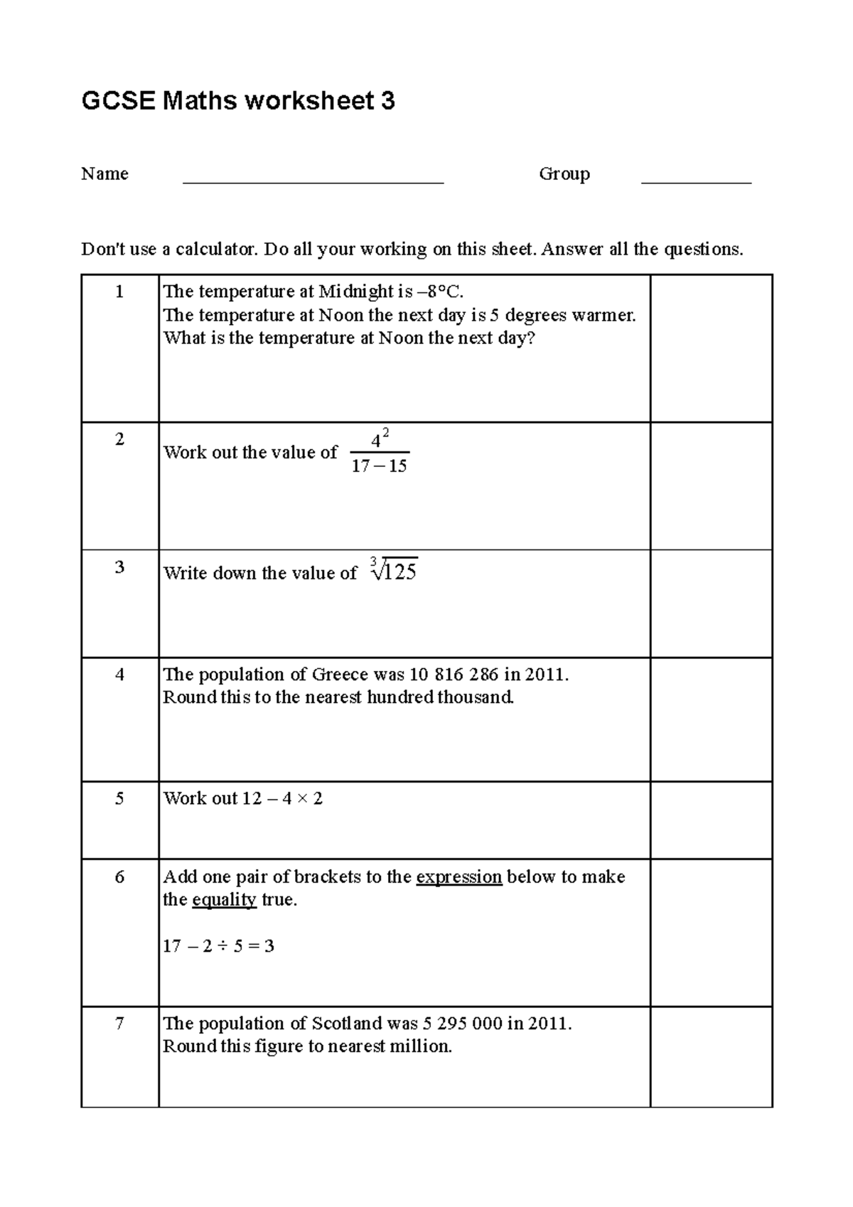 GCSE Foundation Questions Bidmas GCSE Maths worksheet 3 Name