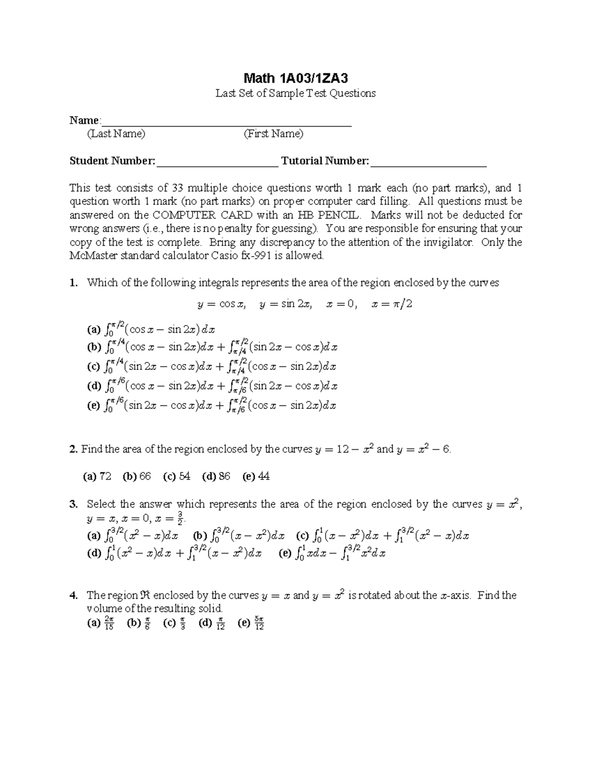 Rest of Material Practise Problems - Math 1A03/1ZA Last Set of Sample ...