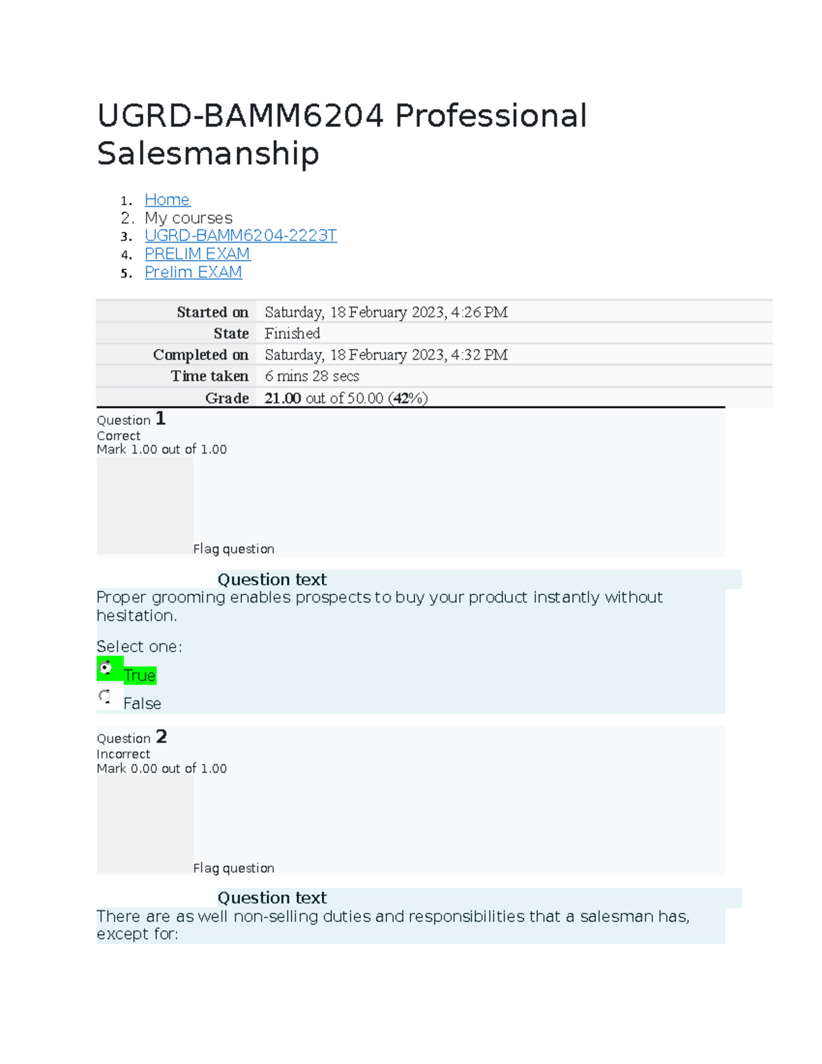 BAMM6204 Professional Salesmanship Exam UGRD BAMM6204 Professional