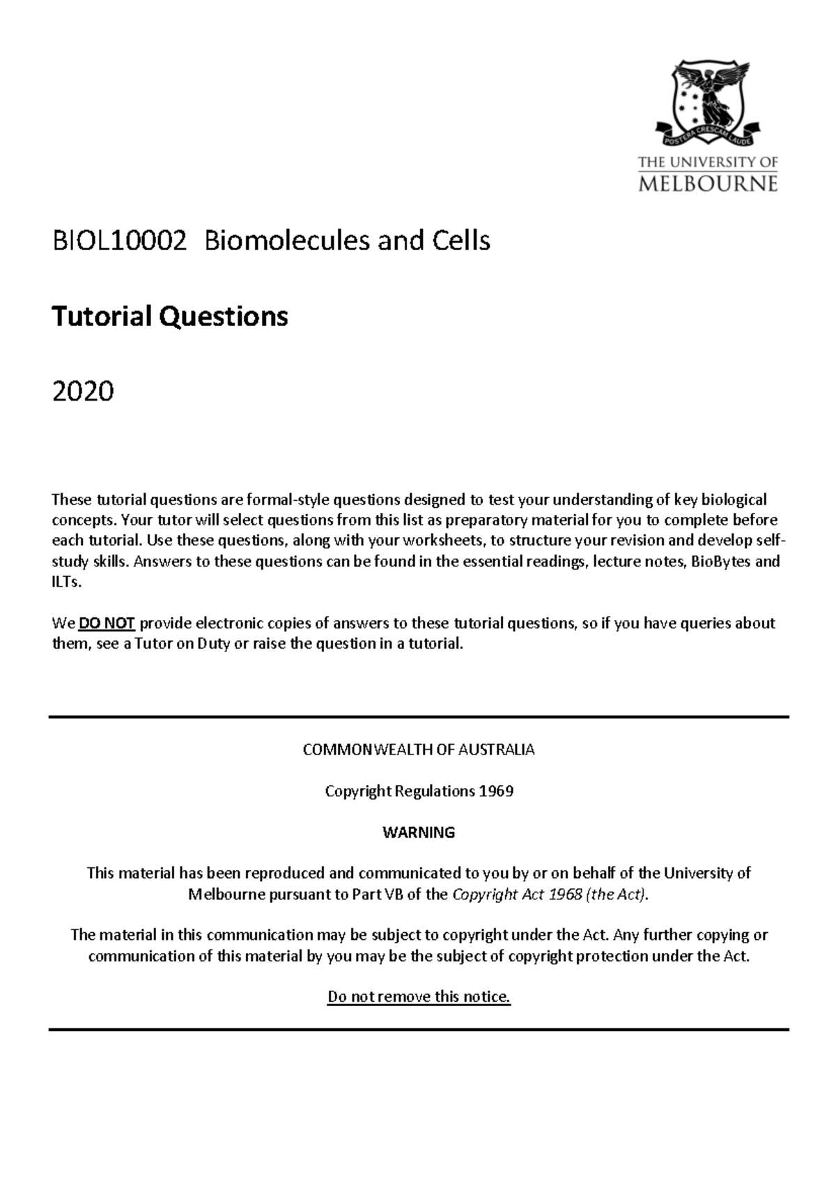 BIOL10002 Tutorial Questions 2020 - Warning: TT: Undefined Function: 32 ...