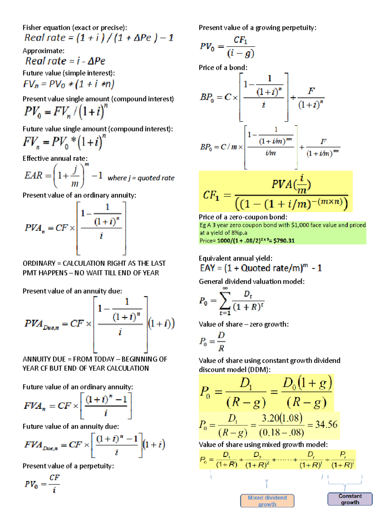 Final Formula Sheet - Fisher Equation (exact Or Precise): Approximate ...