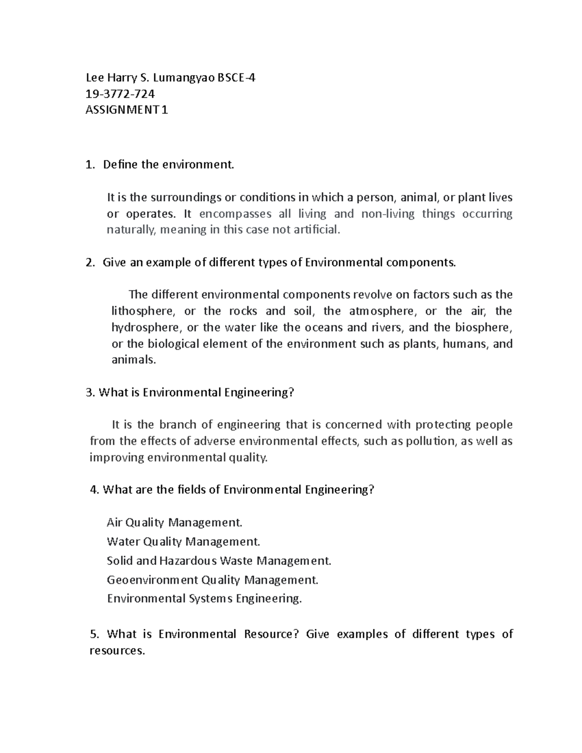 Assignment 1 - Environmental Engineering. - Lee Harry S. Lumangyao BSCE ...
