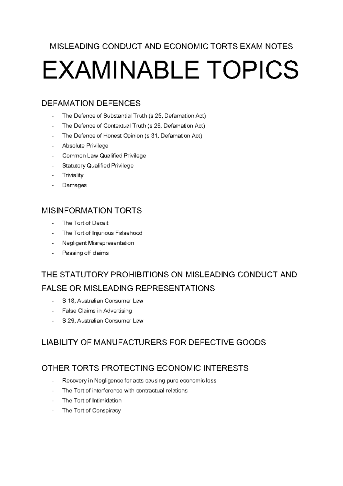 Misleading Conduct And Economic Torts Exam Notes Mll111 Bachelor Studocu