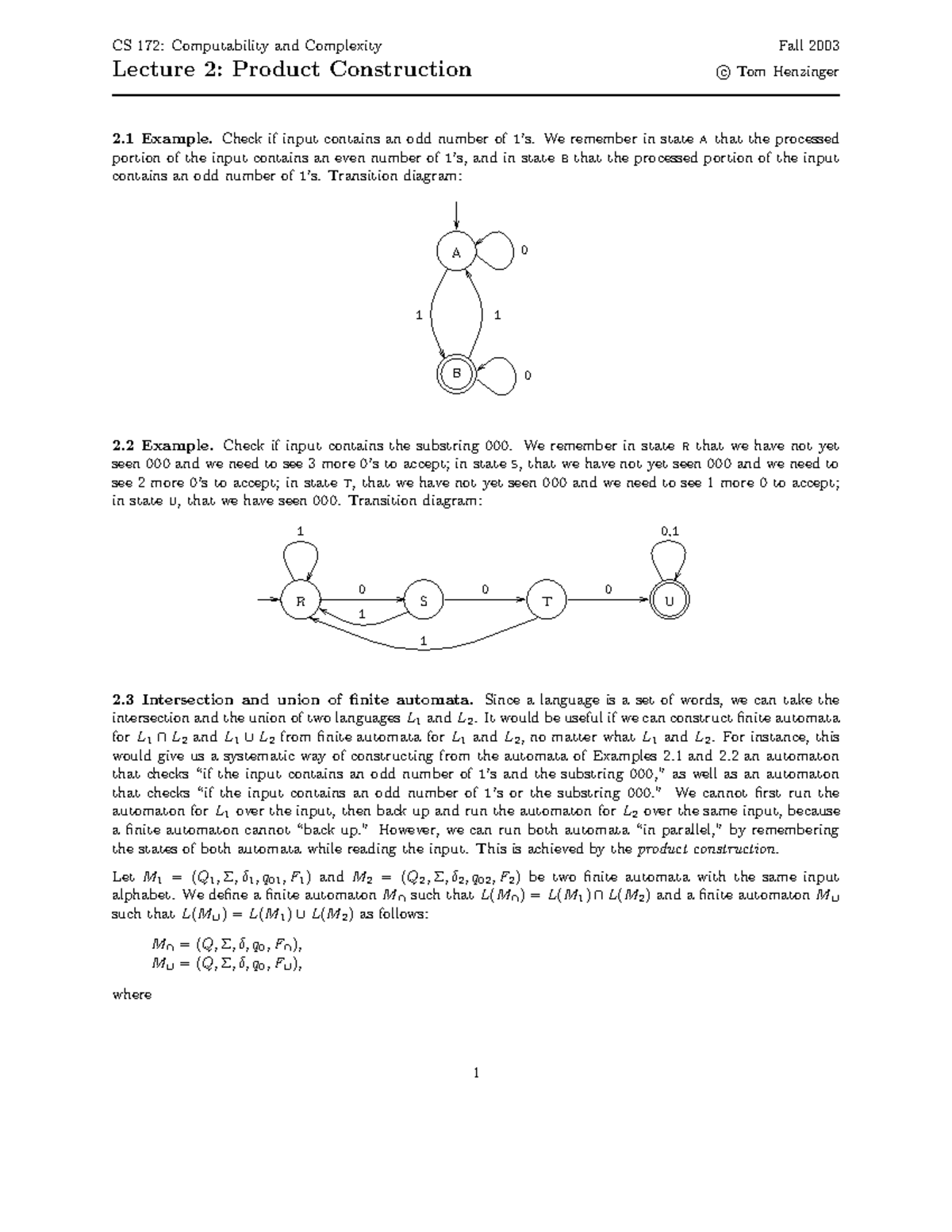 Dfa Union Intersection - CS 172: Computability And Complexity Fall 2003 ...