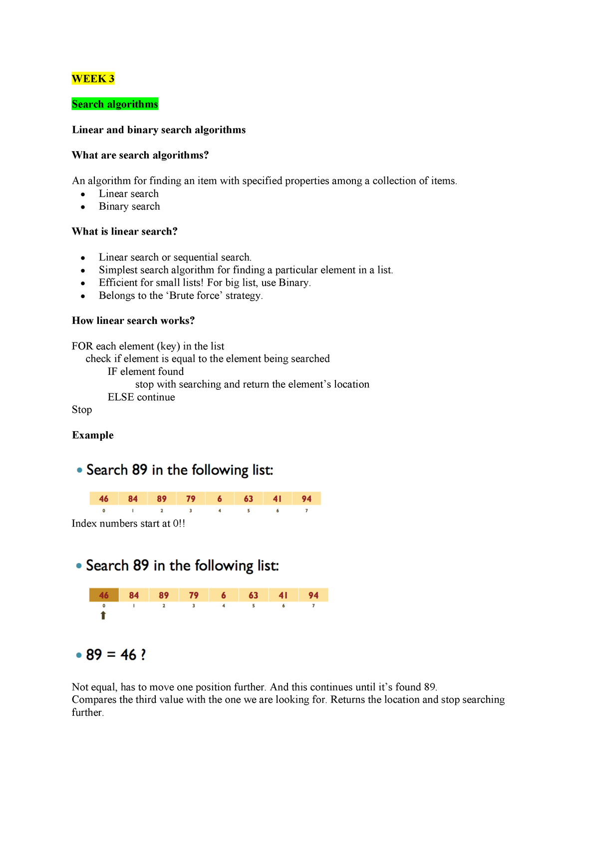 Computational Thinking Week 3 Notes - WEEK 3 Search Algorithms Linear ...