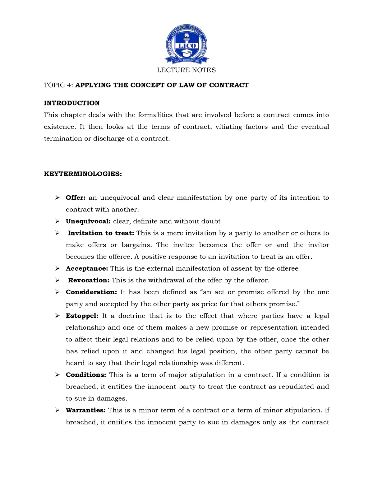 Lecture Notes UNIT 4 Contracts - LECTURE NOTES TOPIC 4: APPLYING THE ...