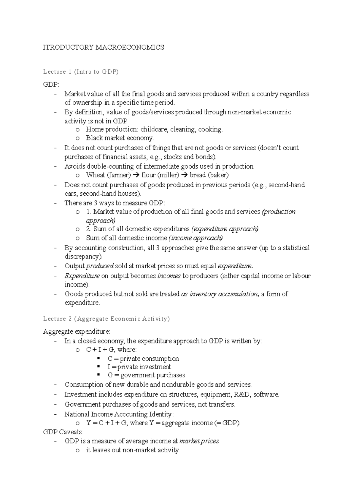 IM lecture notes - ITRODUCTORY MACROECONOMICS Lecture 1 (Intro to GDP ...