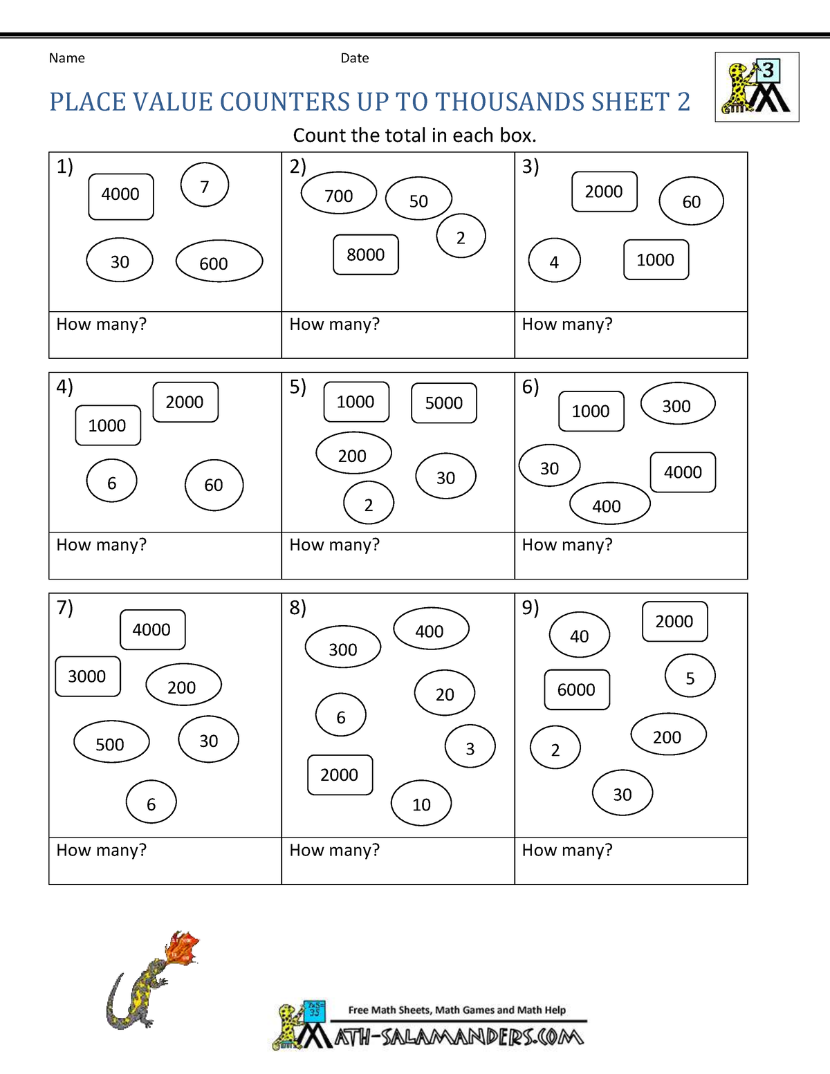 Place value counters up to thousands 2 - Name Date Count the total in ...