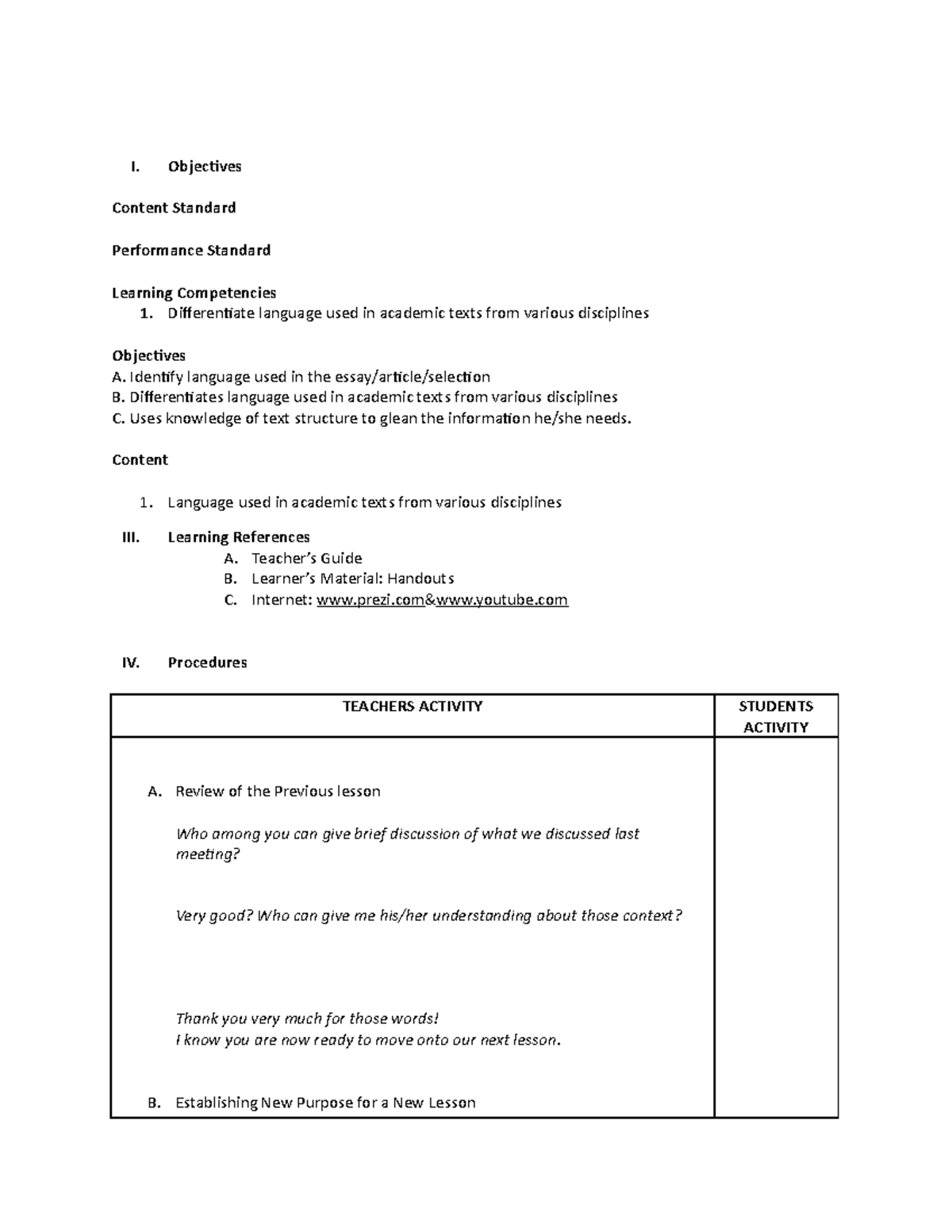 EAPP LP no - teacher II teaching in english - I. Objectives Content ...