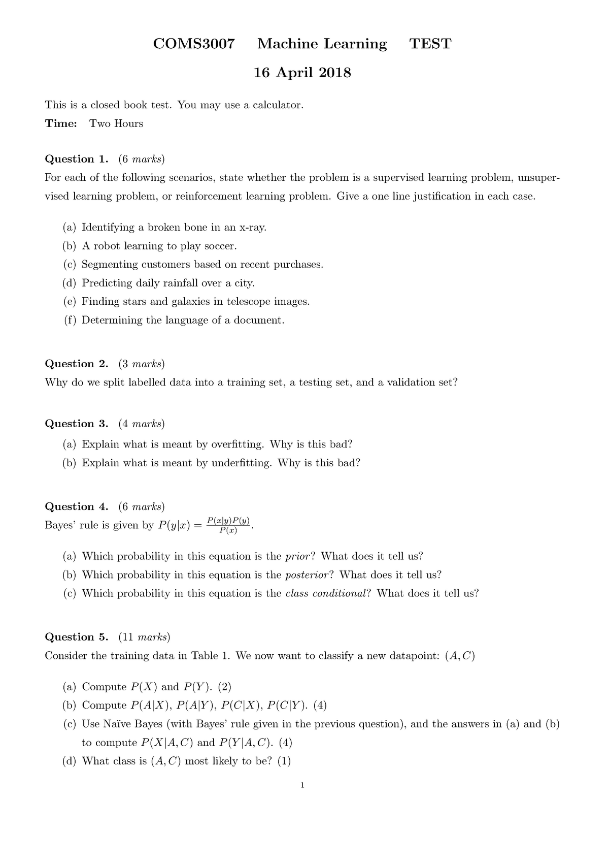 Test 16 April 2018, Questions And Answers - COMS3007 Machine Learning ...