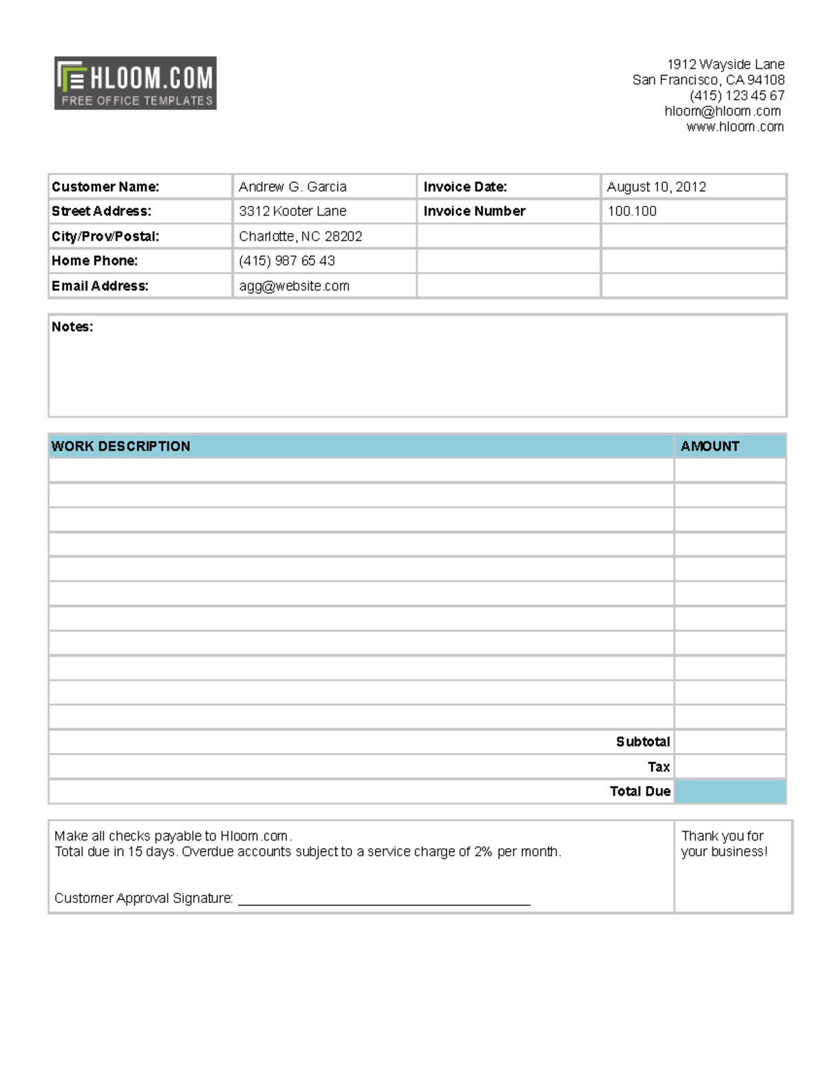 Basic service invoice template - 1912 Wayside Lane San Francisco, CA ...