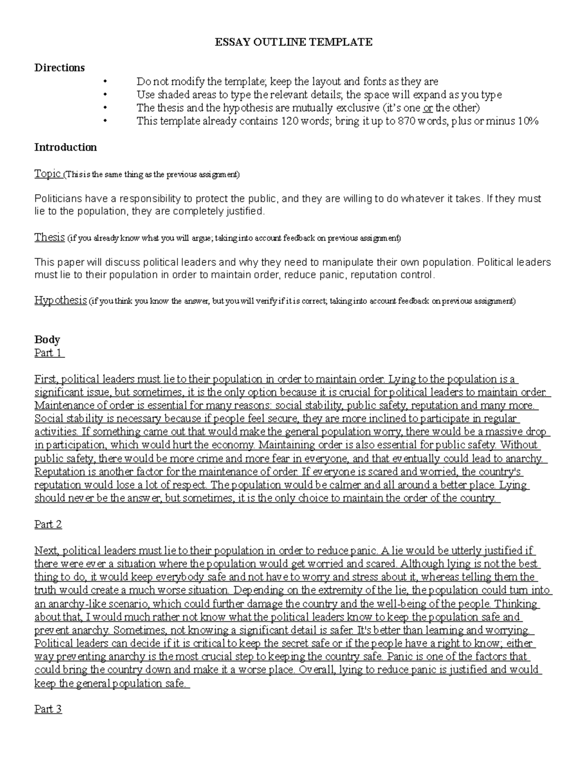 Essay Outline Template - ESSAY OUTLINE TEMPLATE Directions • Do not ...