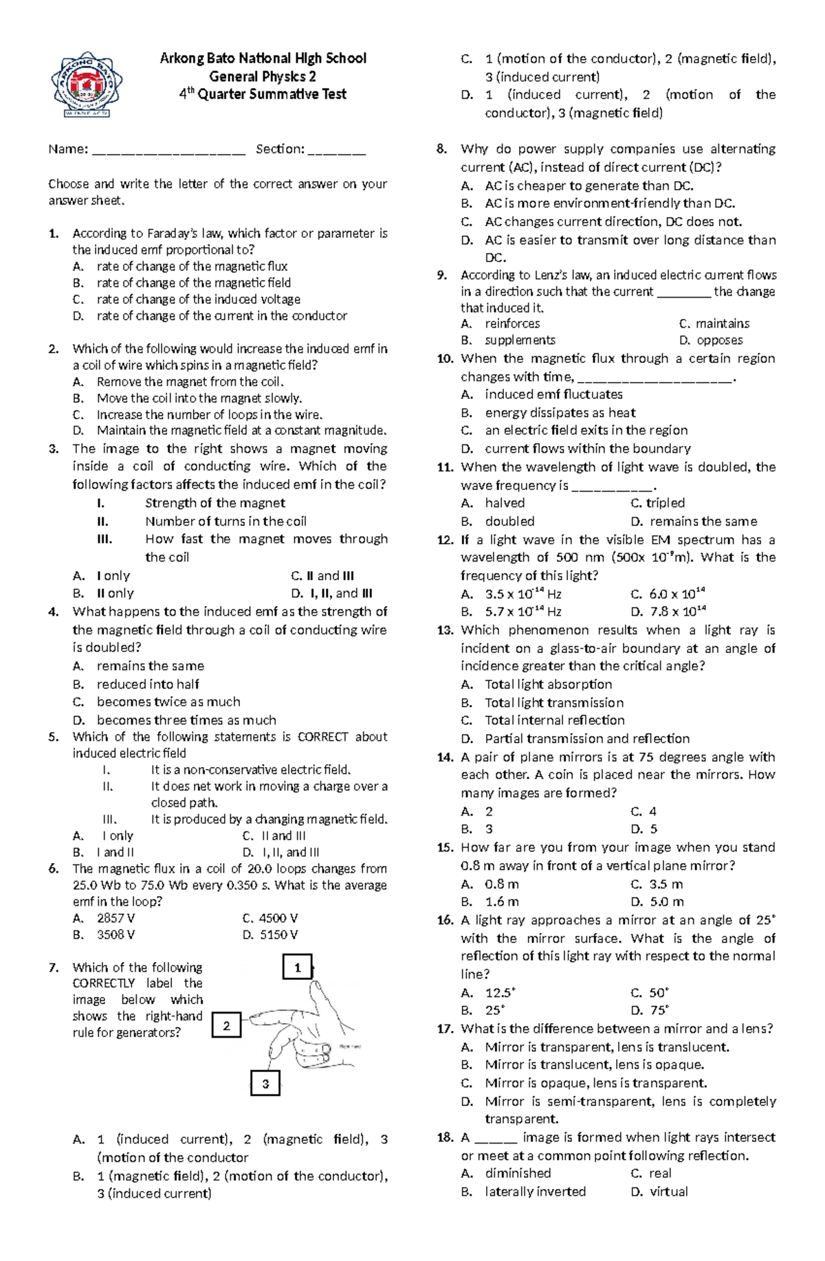 4th Summative Test (Physics) - Arkong Bato National High School General ...