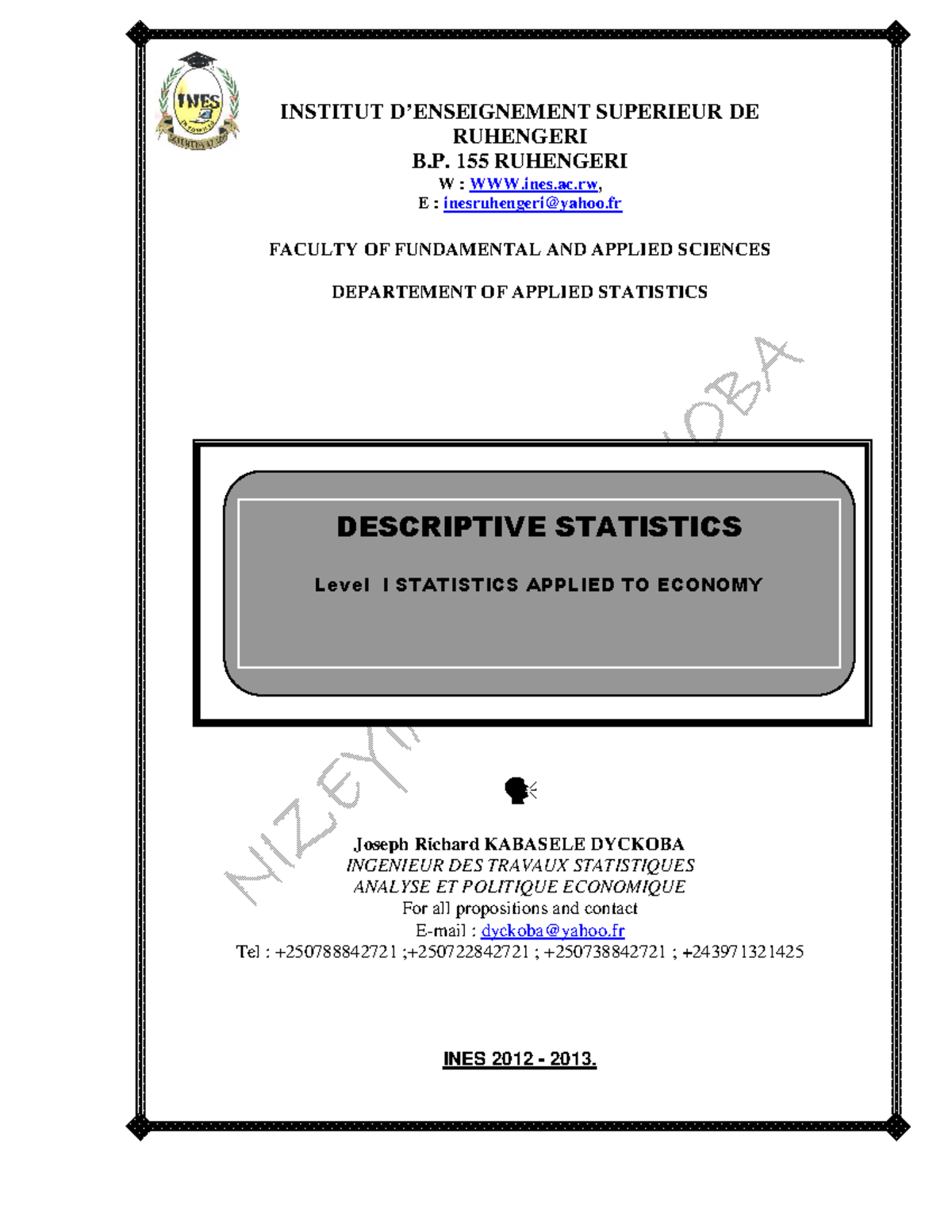 Descripitve Statistics for economists - INSTITUT D’ENSEIGNEMENT ...