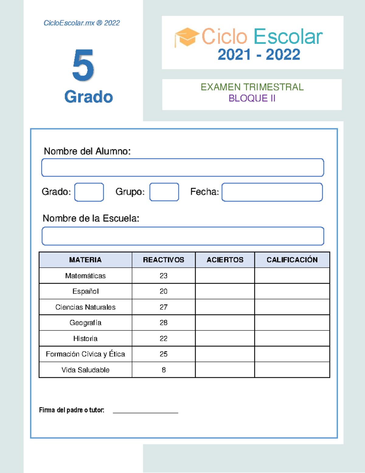 Examen quinto segundo trimestre 5 Nombre del Alumno Grado Grupo