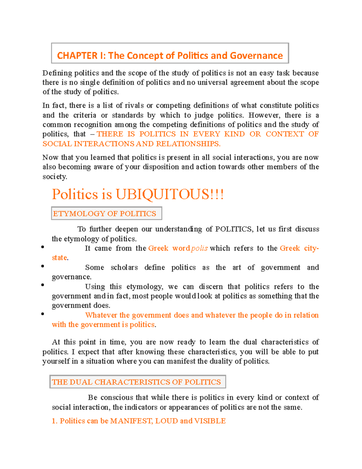 UCSP: Chapter 1 - Concept of Politics and Governance - CHAPTER I: The ...