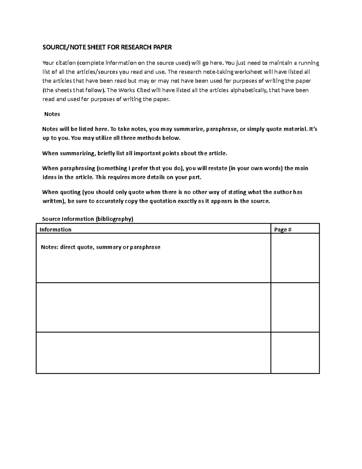 Research Note Taking Worksheet Revised - Source Note Sheet For Research 