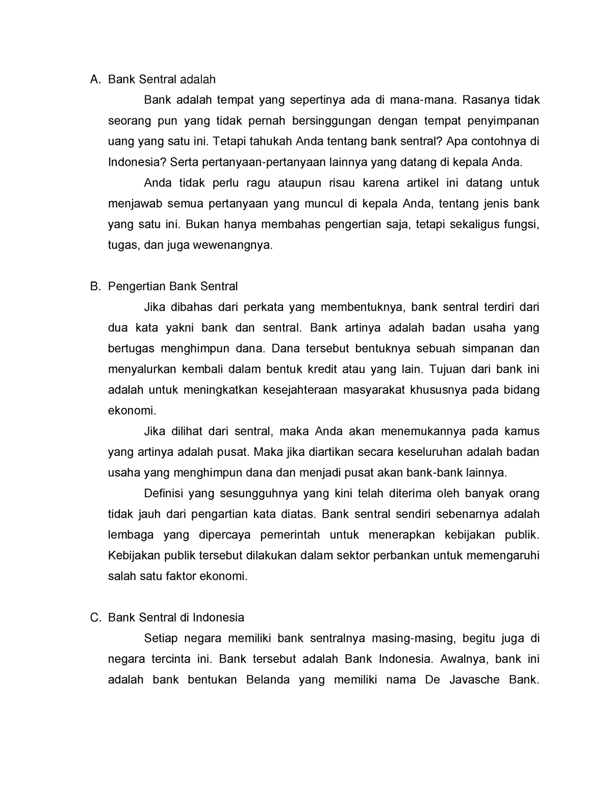 contoh essay tentang bank sentral