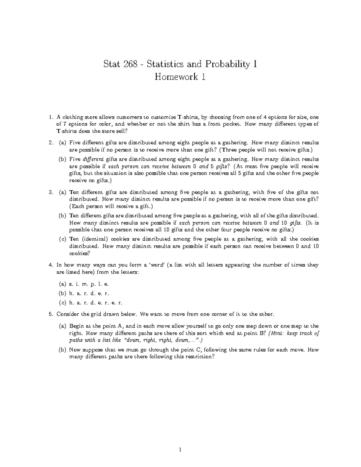 Hw 01 - Assignment 1 - Stat 268 - Statistics and Probability I Homework ...