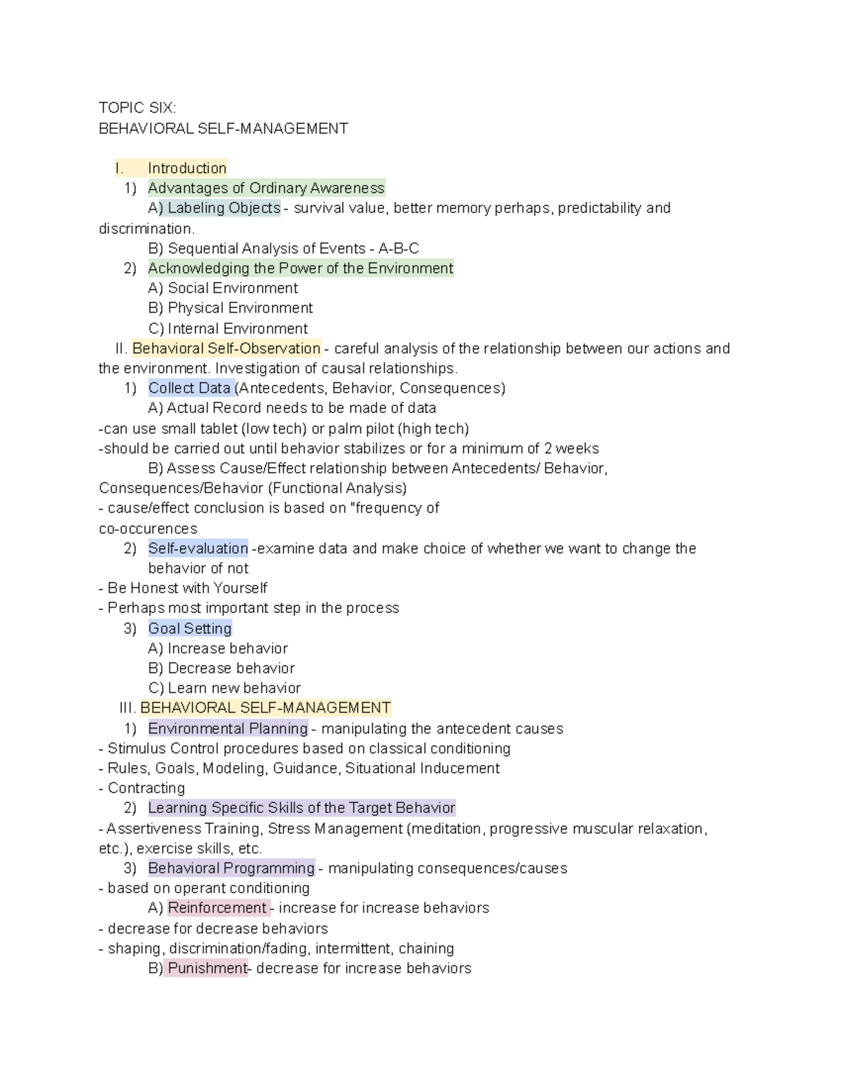 Psych 131 topic six TOPIC SIX BEHAVIORAL SELFMANAGEMENT I