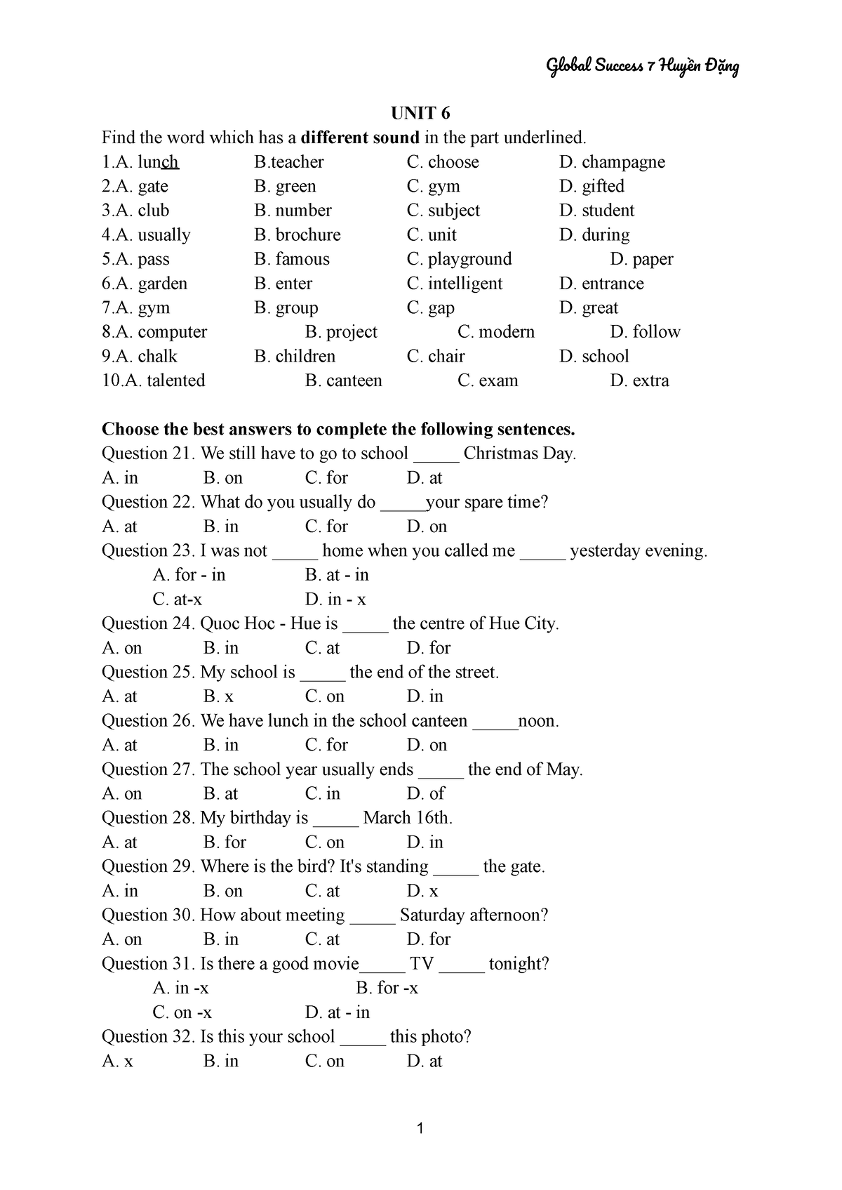 UNIT 6- KT Kì 1 - Anh 7 - UNIT 6 Find The Word Which Has A Different ...