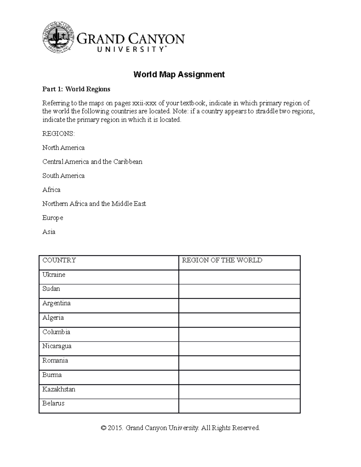 GOV-210 Topic 1 Worksheet 3-23-15 - World Map Assignment Part 1: World