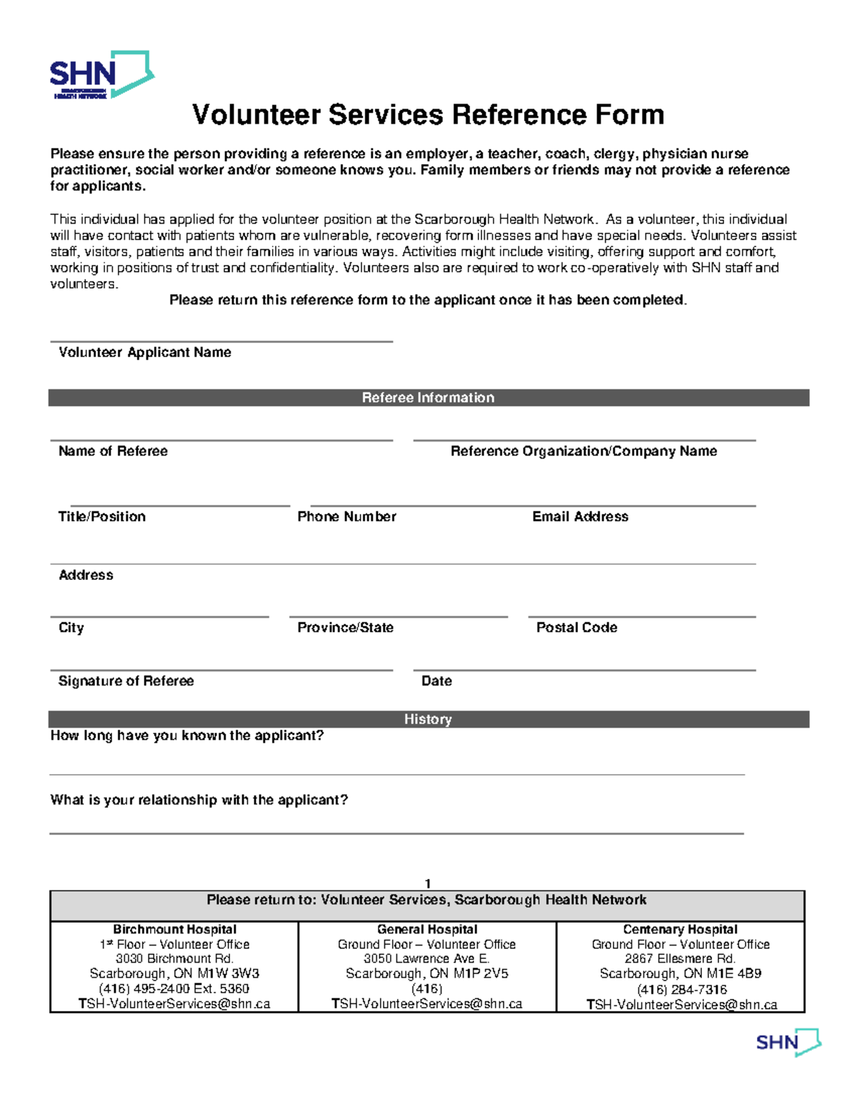 SHN Volunteer Reference Form - Volunteer Services Reference Form Please ...