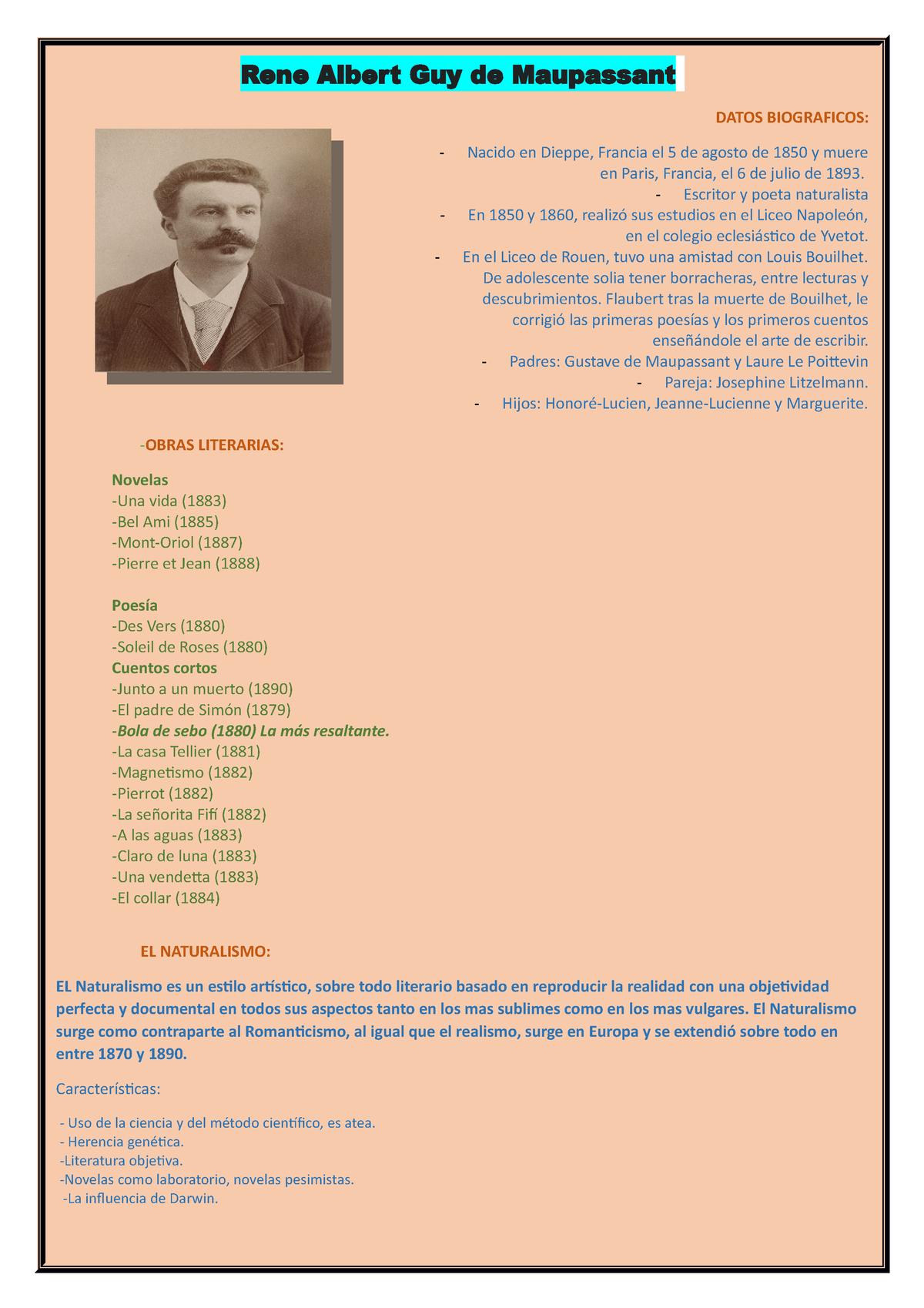 1Rene Albert Guy de Maupassant - Rene Albert Guy de Maupassant DATOS  BIOGRAFICOS: Nacido en Dieppe, - Studocu