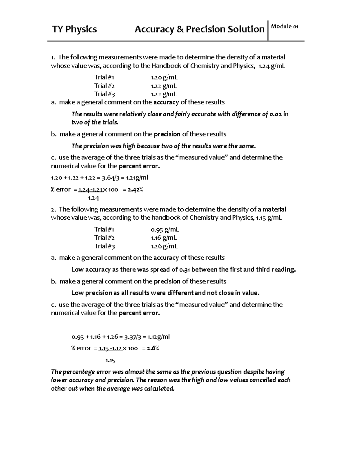 Accuracy precision errors - solution - TY Physics Accuracy & Precision ...