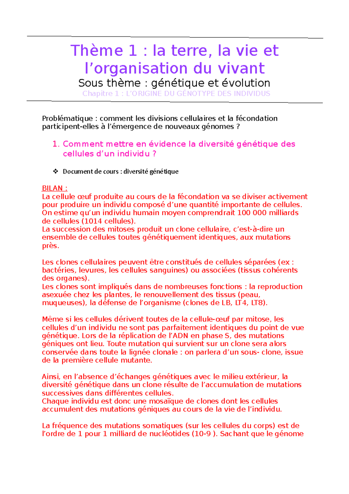 Génétique et évolution Thème 1 la terre, la vie et du vivant Sous thème
