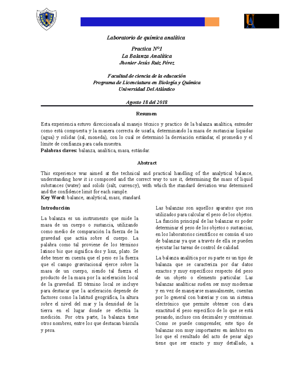 Informe 1. La Balanza Analítica Prac 1 - Laboratorio De Química ...