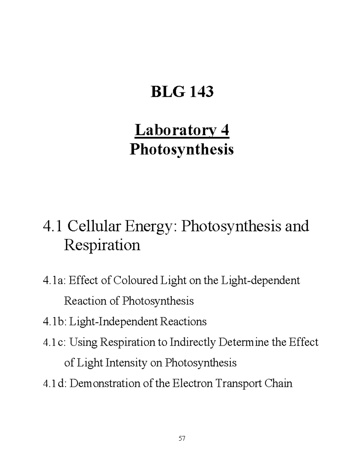 Laboratory 4 Photosynthesis BLG 143 Laboratory 4 Photosynthesis 4 Cellular Energy