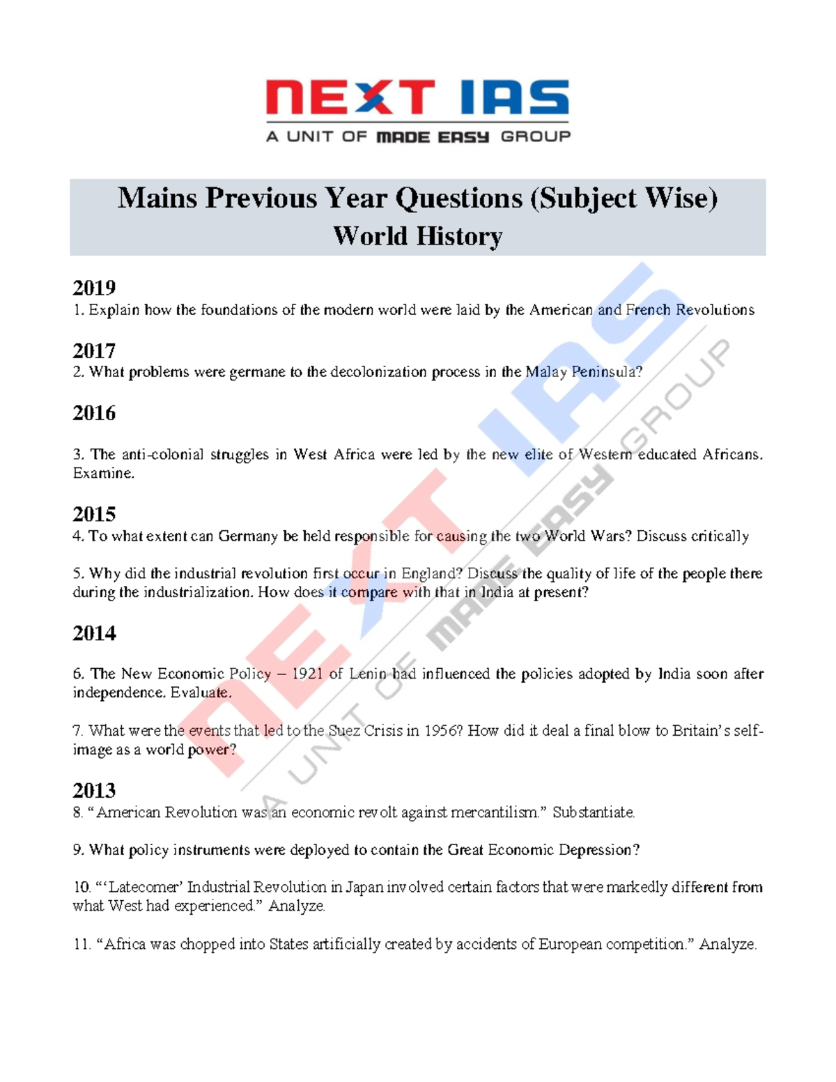 World Historymains Mains Previous Year Questions (Subject Wise