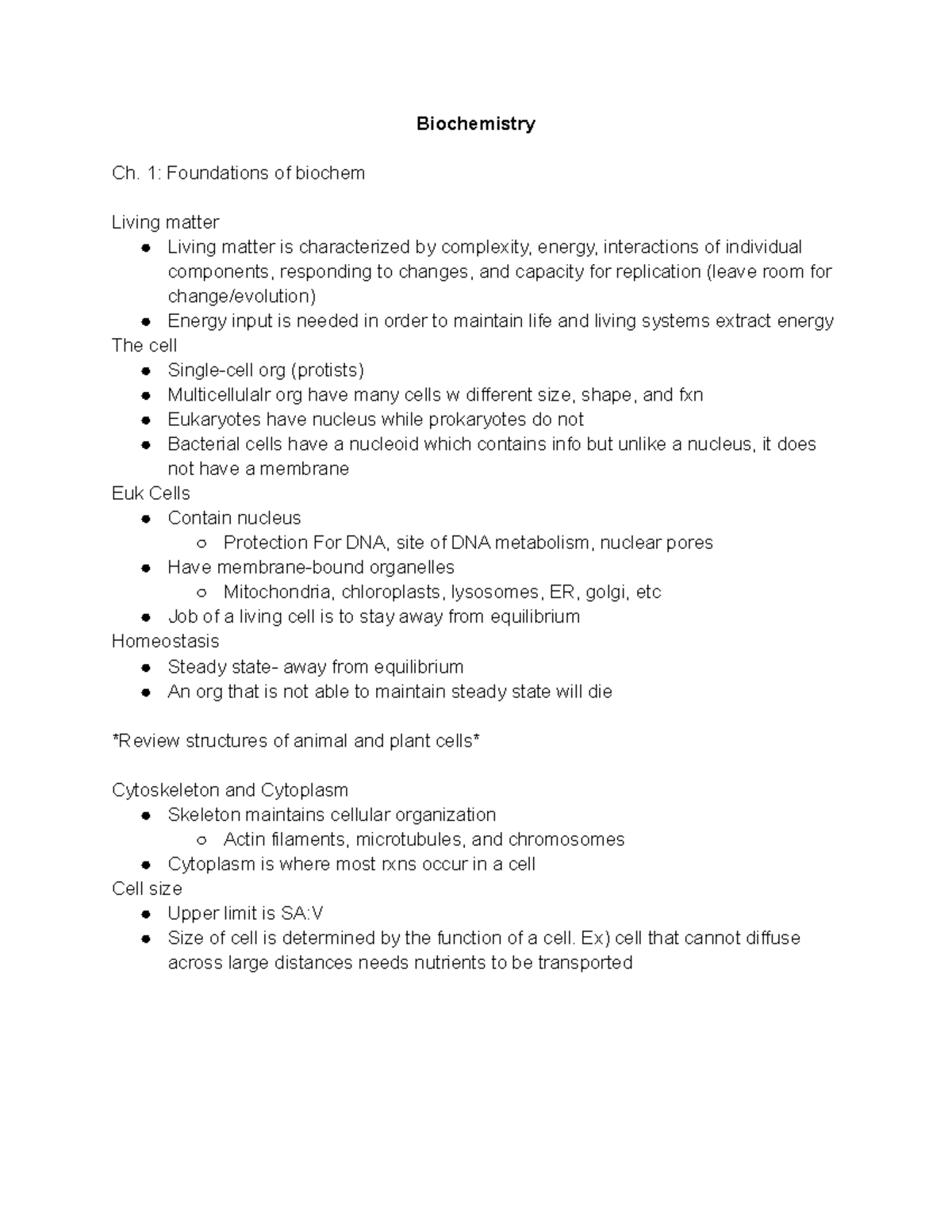 Biochemistry Notes - Biochemistry Ch. 1: Foundations of biochem Living ...